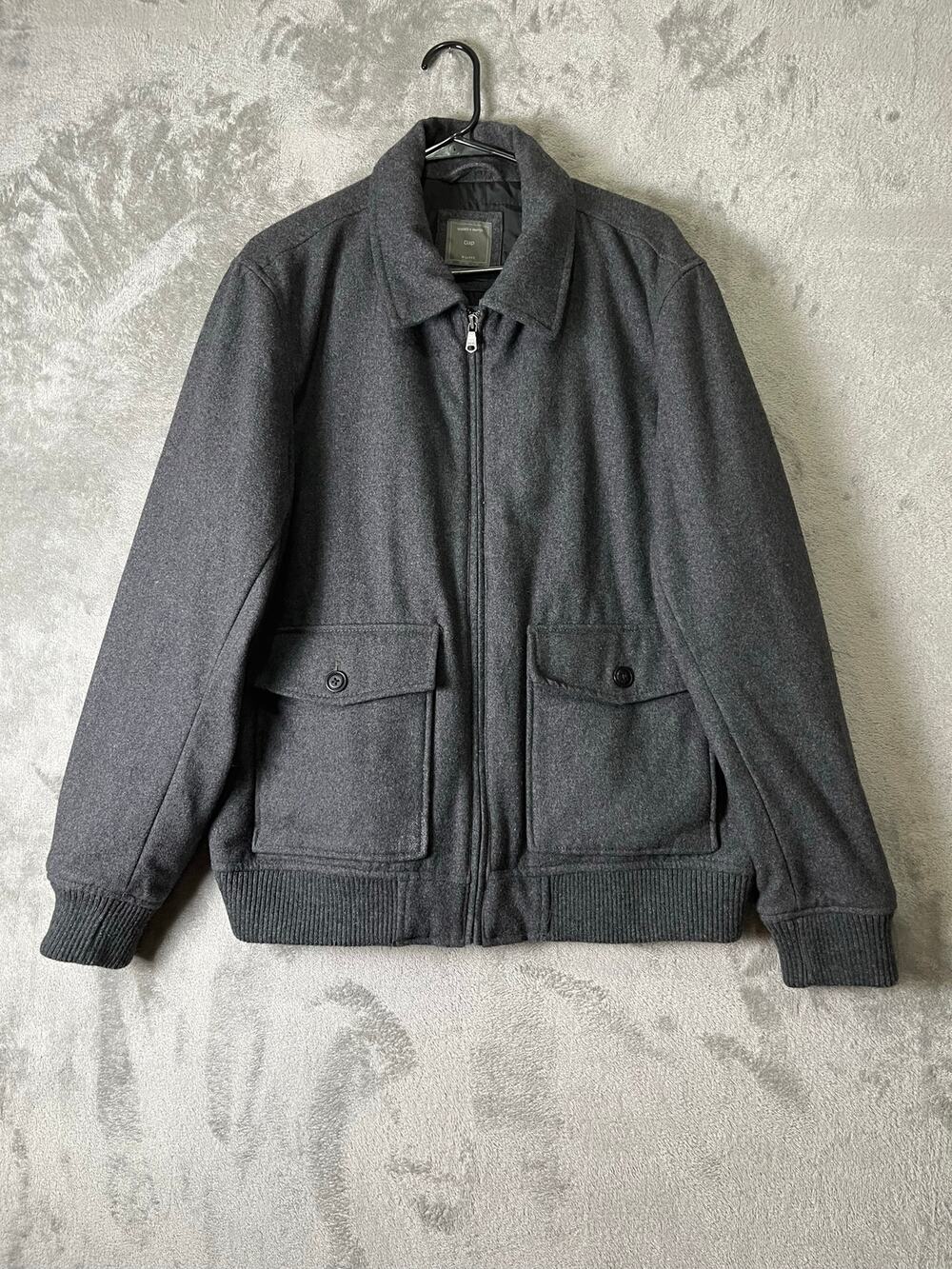 Gap Men’s Gray Wool Blend Bomber Jacket Full Zip Ribbed Trim Utility Pockets XL